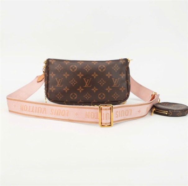 Túi LV hoa nâu strap hồng kèm ví size 22 +