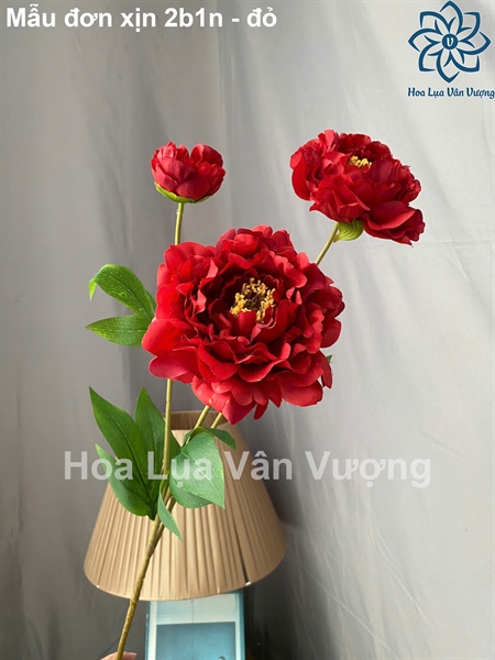 Mẫu đơn xịn 2b1n - đỏ - Hoa cành dài - Hoa Lụa Vân Vượng