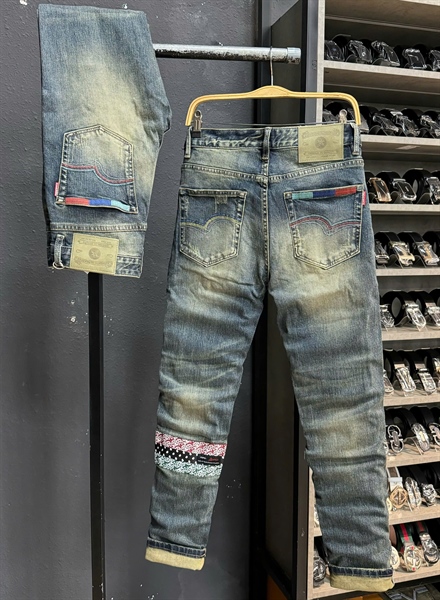 Jean Dài - QCUHX Cao cấp-1061 RETRO xanh was mix thổ cẩm