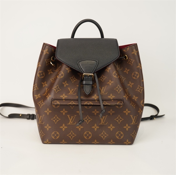 Balo LV hoa nâu nắp đen lòng đỏ +