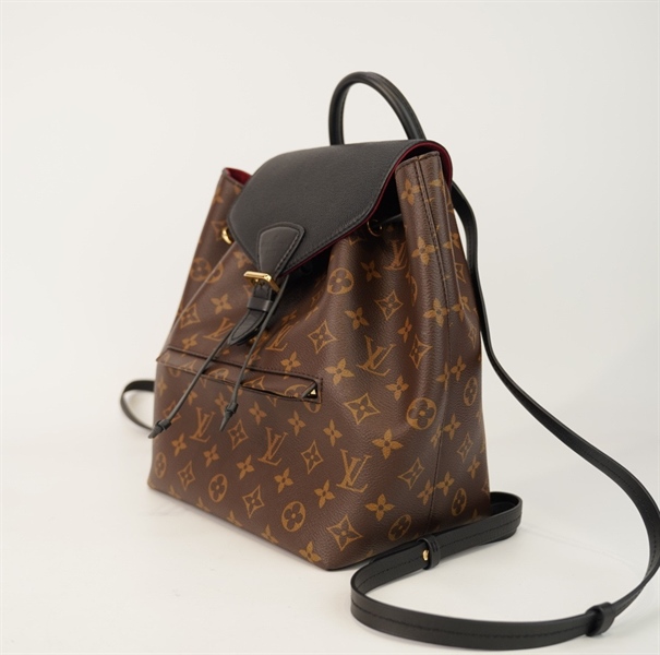 Balo LV hoa nâu nắp đen lòng đỏ +