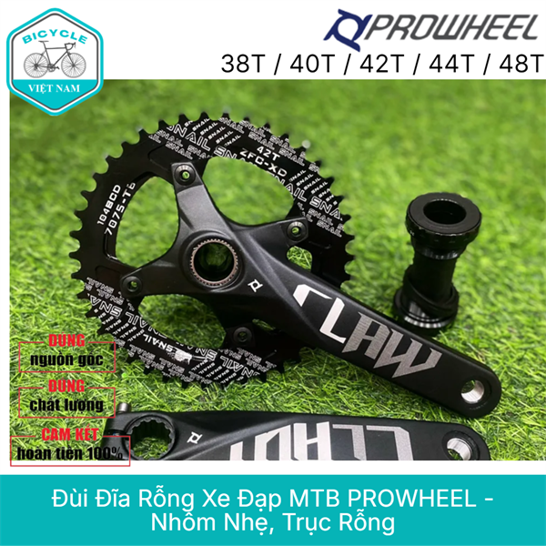 Đùi Đĩa (Giò Dĩa) Rỗng Xe Đạp 1 Tầng MTB PROWHEEL 38T / 40T / 42T / 44T / 46T / 48T – Trục BB Vặn
