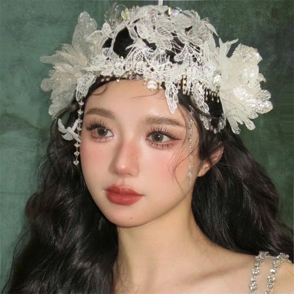 Mũ cài tóc cô dâu ren nhũ hạt trai cổ điển phong cách Douyin