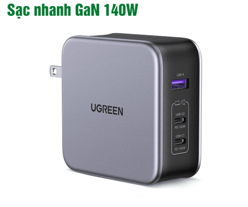 Sạc điện thoại laptop 2 cổng USB-C và 1 USB Nexode công nghệ GaN 140W màu đen Ugreen (90548)