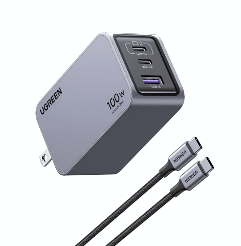 Sạc điện thoại laptop 2 cổng USB-C và 1 USB Nexode công nghệ GaN 100W màu ghi Ugreen (25873).