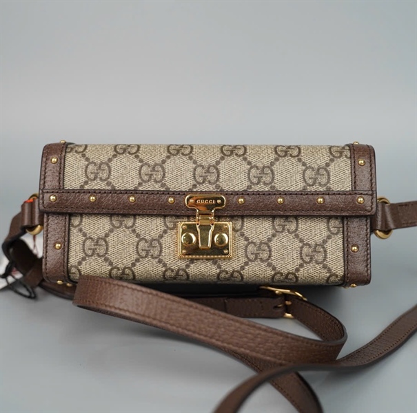 Túi GG padlock màu xám viền nâu (678460203887) sz 18 (PN) +