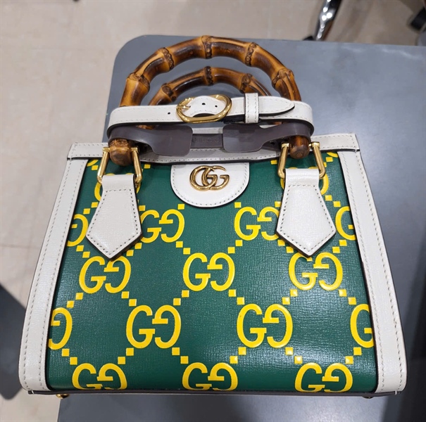 Túi GG Diana xanh viền trắng quai gỗ (A036797409) sz19 (PN) +