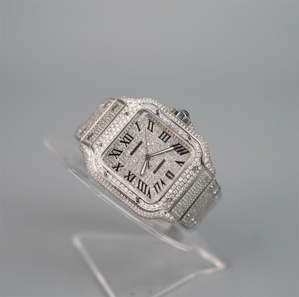 Đồng hồ Cartier mặt vuông quai full kim cương có giấy kiểm định (145656ZX) sz38 (HC) +