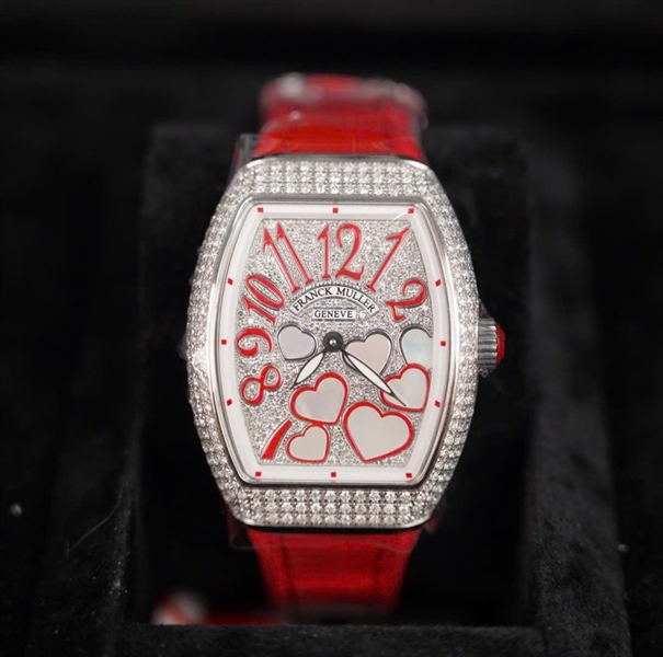 Đồng hồ Frank Muller mặt vuông trái tim dây đỏ (No1283) (HC) +