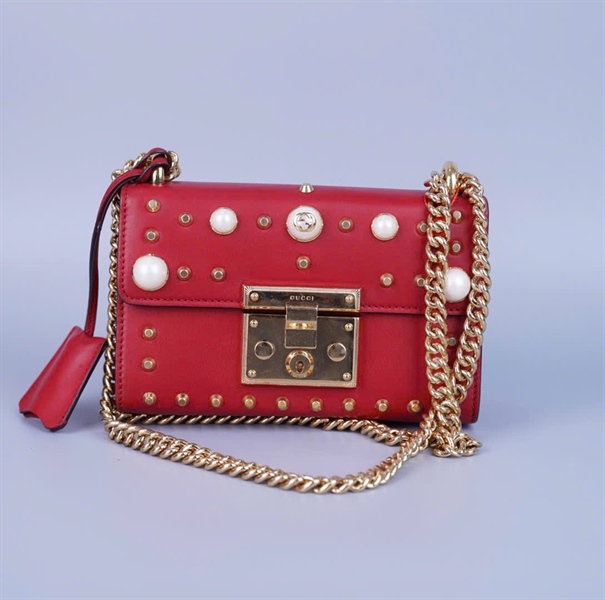 Túi GG Padlock đỏ đính ngọc trai có chìa khóa (432182525040) sz20 (BMC) KG+