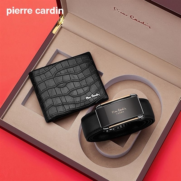 Set ví thắt lưng hộp gỗ PierreCardin ví hoạ tiết cá sấu, thắt lưng mặt viền vàng