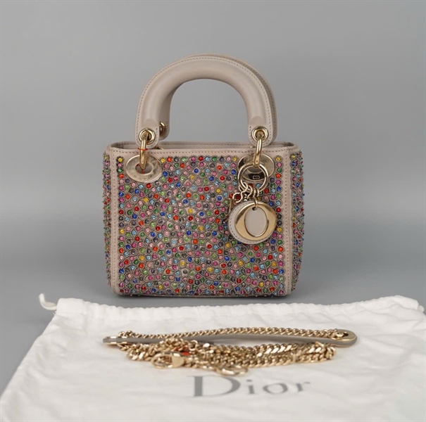 Túi Dior Lady xám đính cườm nhiều màu (11-MA-0128) szmini (HC) +