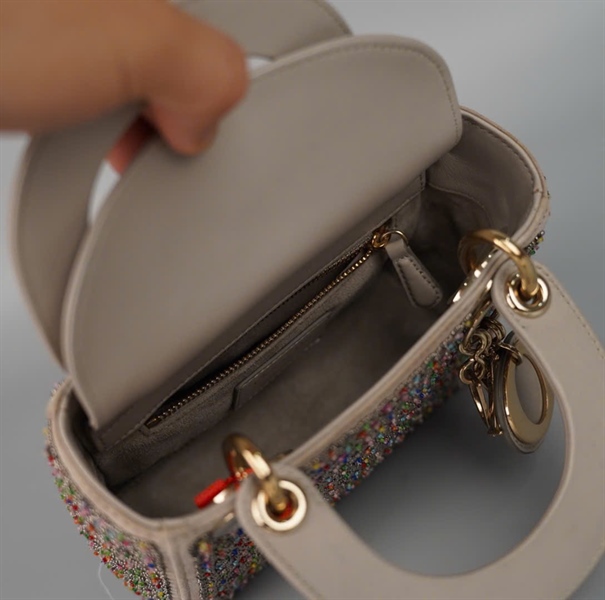 Túi Dior Lady xám đính cườm nhiều màu (11-MA-0128) szmini (HC) +