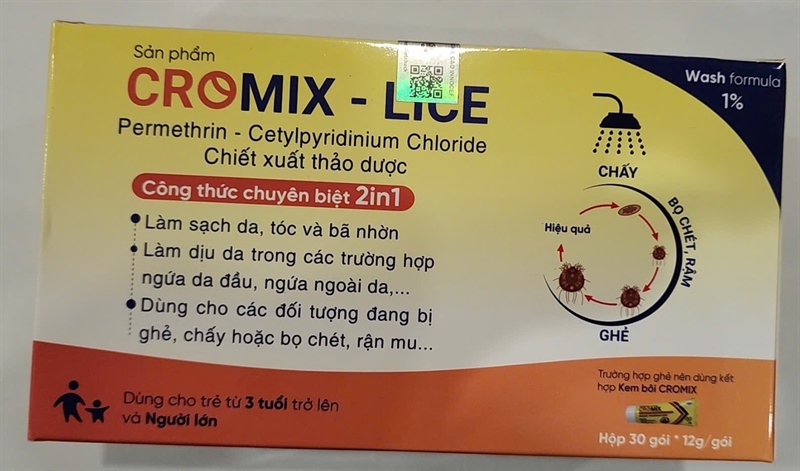 Dầu tắm gội chấy ghẻ 2 in 1 Cromix Lice (Hộp 30 gói 12 gam) - Innocef