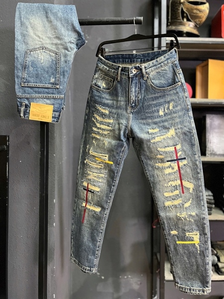 Jean Dài- QC BGC R9080 Xanh rách mạng chỉ thêu