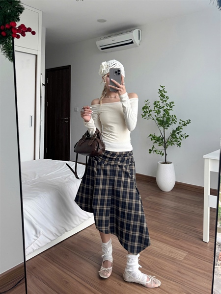 AREUM Chân Váy Caro Dáng Dài Vạt Chéo Sora - Caro sọc - Freesize