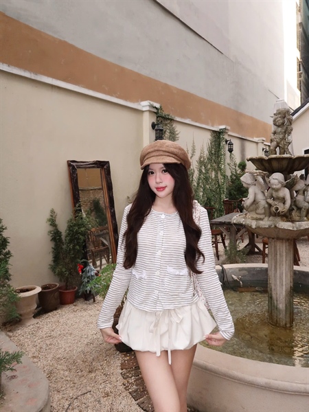 AREUM Áo Sọc Cardigan Sagi Tay Dài Len Thun - Đen sọc Trắng - Freesize