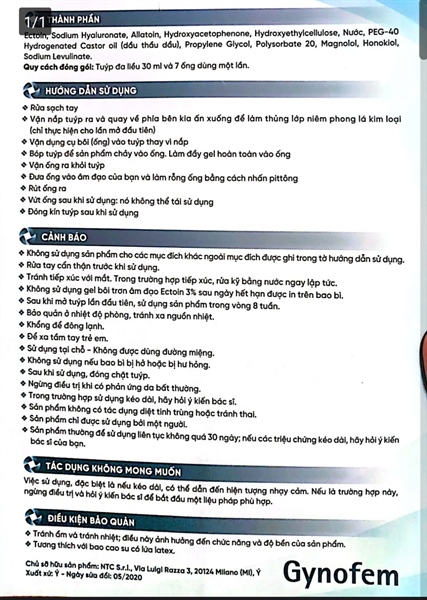 Gynofem (Gel bôi âm đạo) (Hộp Tuýp đa liều 30ml và 7 ống dùng một lần) - Italy 2