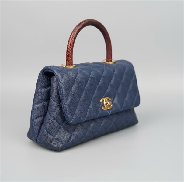Túi Chanel Handle xanh đậm quai nâu da trăn (24227450) sz22 (HC) +