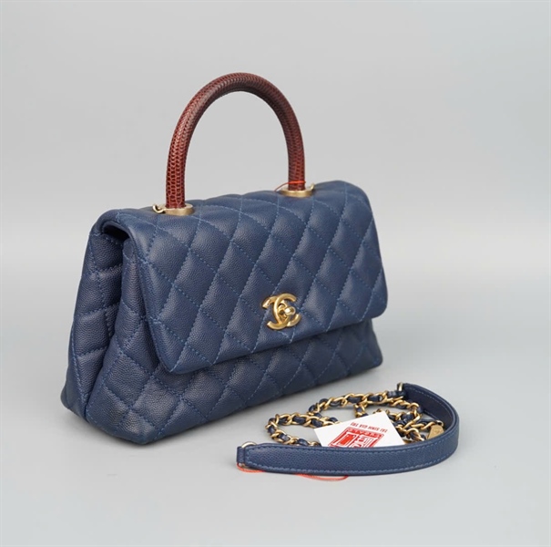 Túi Chanel Handle xanh đậm quai nâu da trăn (24227450) sz22 (HC) +