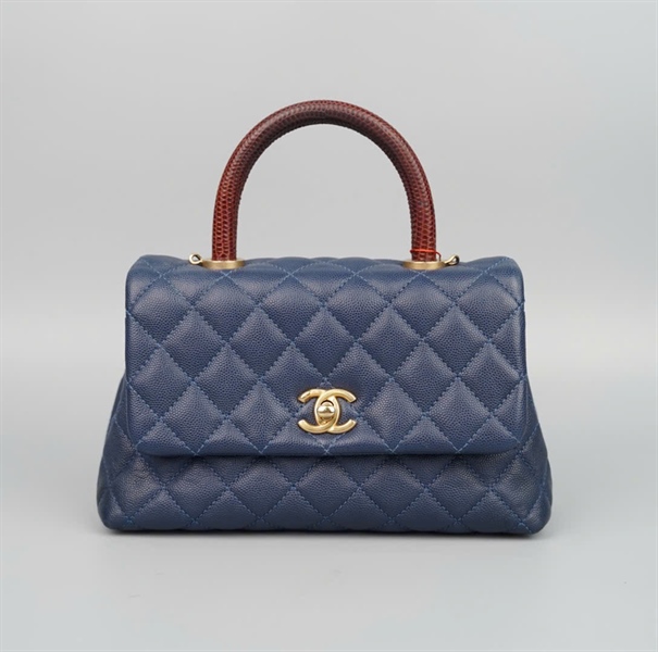 Túi Chanel Handle xanh đậm quai nâu da trăn (24227450) sz22 (HC) +