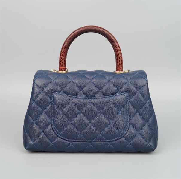 Túi Chanel Handle xanh đậm quai nâu da trăn (24227450) sz22 (HC) +