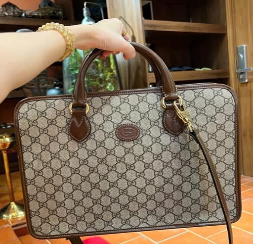 Túi GG tote màu xám viền nâu 674143493075 sz33 (PN)+