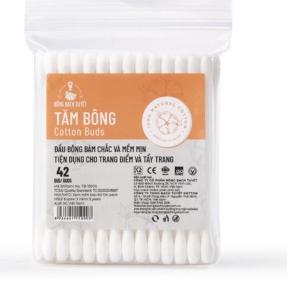 Tăm bông người lớn cotton buds bạch tuyết (bịch/10gói/42que)