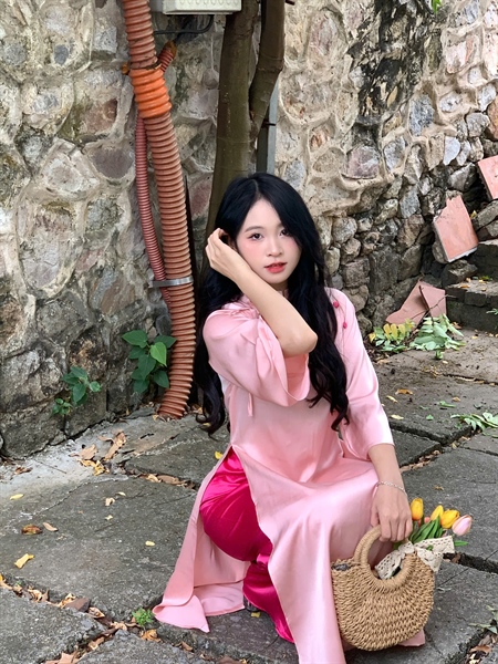 Set áo dài cách tân nữ vải lụa thắt nơ cúc bọc