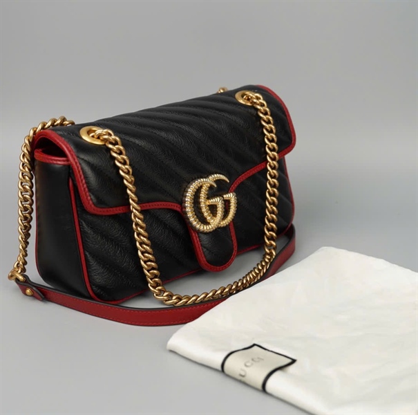 Túi GG Marmont đen viền đỏ (525040) sz24 (BMC) KG+