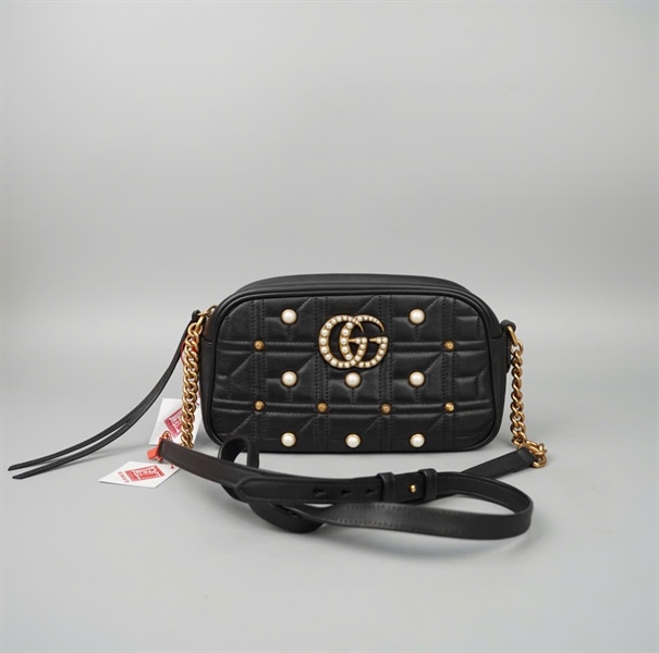 Túi GG đen đính ngọc trai (520981) sz23 (BMC) KG+