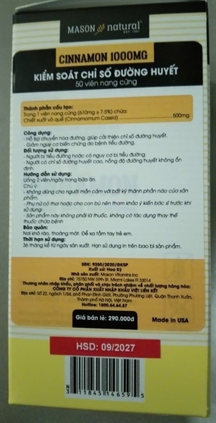 Mason Cinnamon 1000mg (Lọ 50 viên) - USA 2