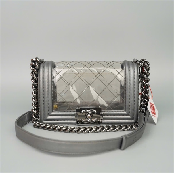 Túi Chanel Boy trong suốt viền xám (189922632) sz18 (LTB) KG+