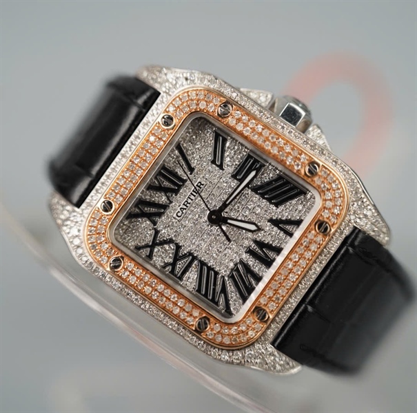 Đồng hồ Cartier đính kim cương quai đen (499760SX) sz32 (HC) +