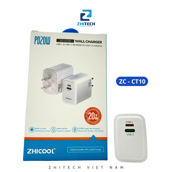 Củ sạc 2 cổng PD20W C+L tiêu chuẩn Mỹ-CT10