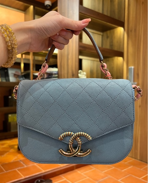 Túi Chanel Handle xanh logo quấn chỉ (23587327) sz17 (HC) +