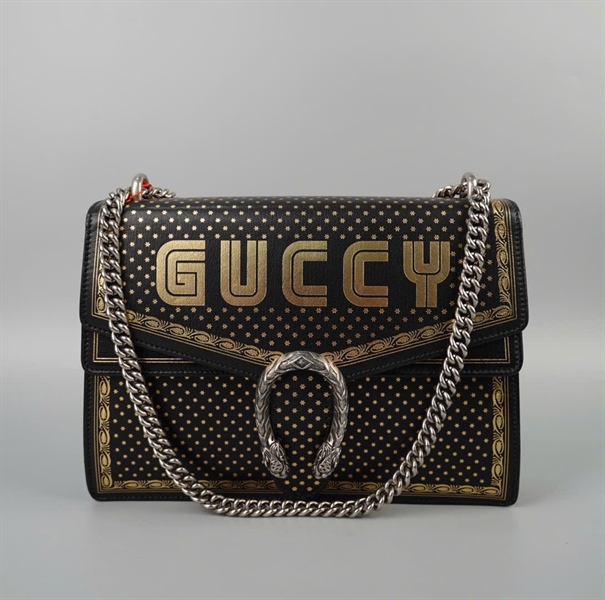 Túi GG Dionysus đen in chữ GUCCY (400235520981) sz30 (BQ) KG+