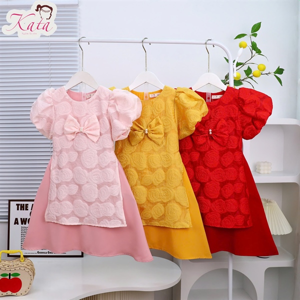 Áo Dài Cách Tân Bé Gái Gấm Hoa Hồng Nổi Đính Nơ | Bé 3–12 Tuổi