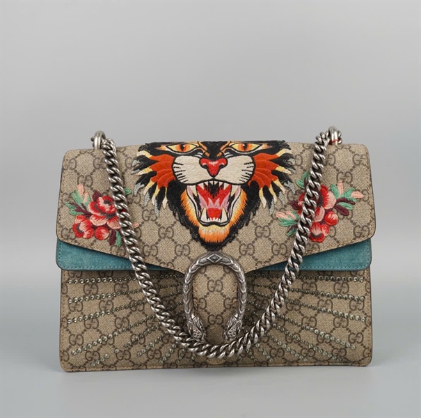 Túi GG Dionysus màu xám viền xanh thêu hổ sz30 (BQ) KG+