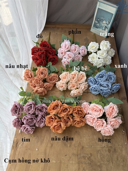 Cụm hồng nở khô - Hoa cành ngắn - Hoa Lụa Vân Vượng