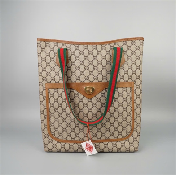 Túi GG tote màu xám viền nâu (Lòng túi có miếng da tròn) sz32 +