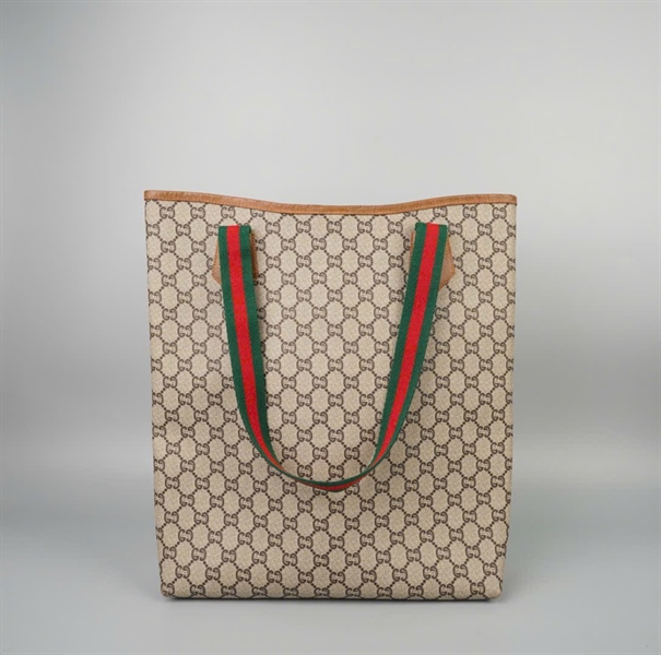 Túi GG tote màu xám viền nâu (Lòng túi có miếng da tròn) sz32 +