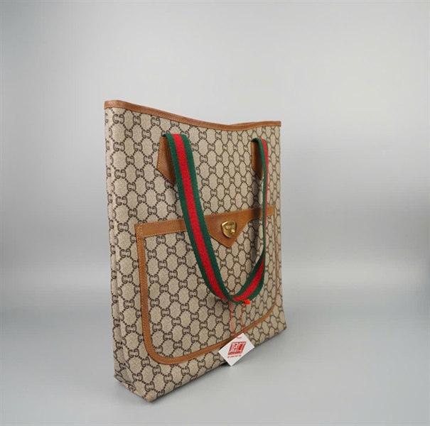 Túi GG tote màu xám viền nâu (Lòng túi có miếng da tròn) sz32 +