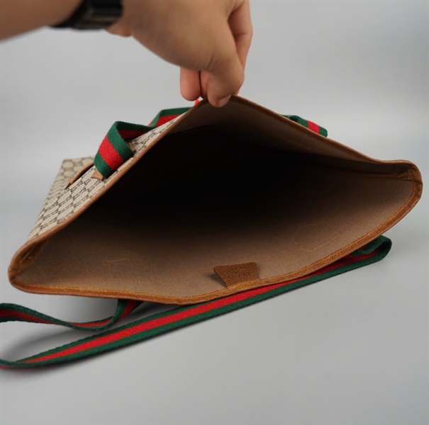 Túi GG tote màu xám viền nâu (Lòng túi có miếng da tròn) sz32 +