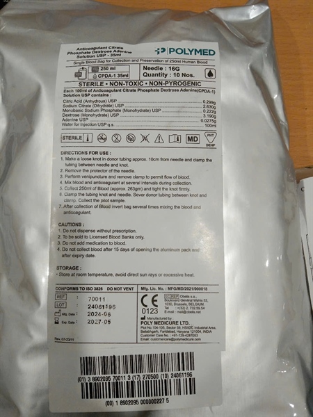 Túi máu đơn 250ml - Single blood Bag. Hãng Poly Medicure/ Ấn Độ
