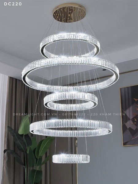 Đèn chùm thông tầng pha lê mỏng - Viền inox trắng