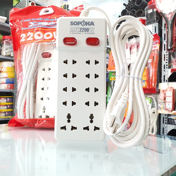 Ổ Cắm Điện 10 Lỗ Có Dây 2200W Lõi Sứ 10Y SOPOKA