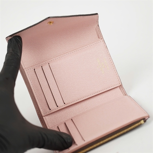 Ví LV hoa nâu gập 3 nút hồng lòng hồng (PN) KG+