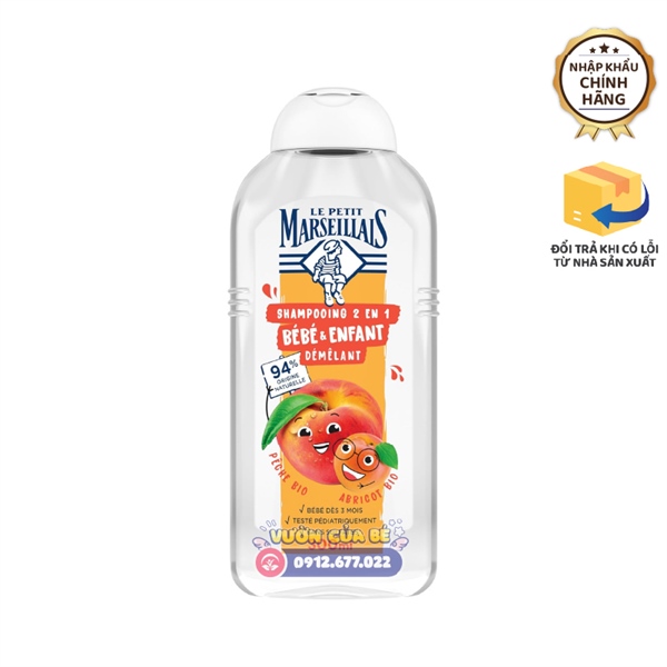Dầu gội + xả (2in1) cho trẻ em Le Petit Marseillals hương quả đào và mơ – Pháp – Chai 300ml