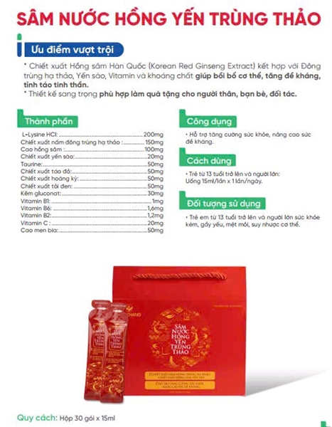 Sâm Nước Hồng Yến Trùng Thảo (Hộp 30 gói x 15ml) - STP